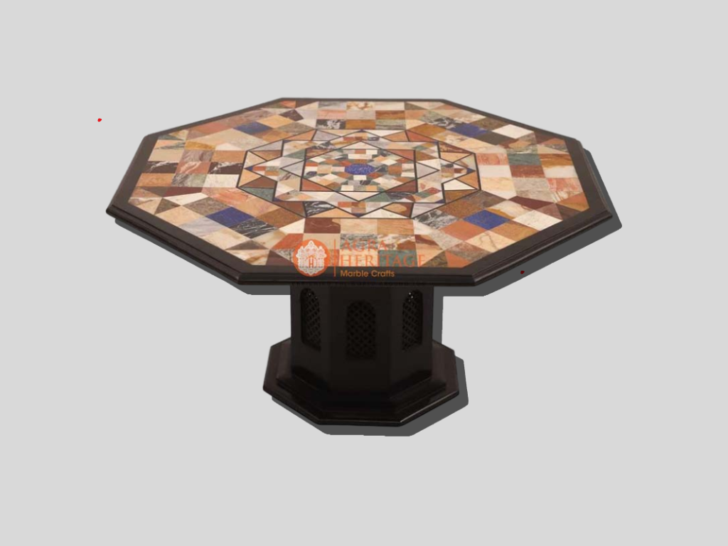 Black Marble Top Coffee Table Multi Stone Mosaic Art